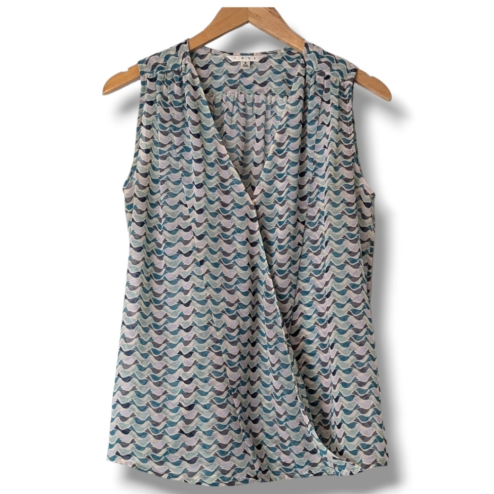 Cabi Bird Semi Sheer Faux Wrap Sleeveless Blouse in Tweet Print Style 342: Small